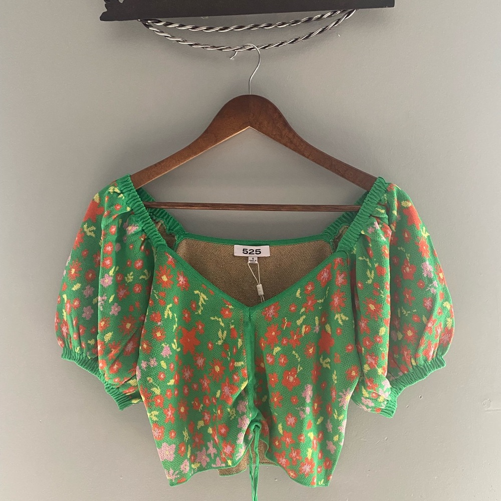 525 America Vibrant Green Floral Crop Sweater
